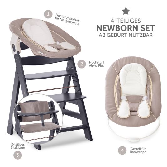 Hauck Alpha Plus Select Dark Grey 4-piece Newborn Set Deluxe - Highchair + 2in1 Baby Attachment & Rocker + Seat Cushion - Stretch Beige