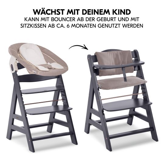 Hauck Alpha Plus Select Dark Grey 4-piece Newborn Set Deluxe - Highchair + 2in1 Baby Attachment & Rocker + Seat Cushion - Stretch Beige