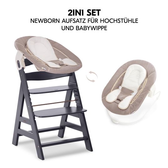 Hauck Alpha Plus Select Dark Grey 4-piece Newborn Set Deluxe - Highchair + 2in1 Baby Attachment & Rocker + Seat Cushion - Stretch Beige