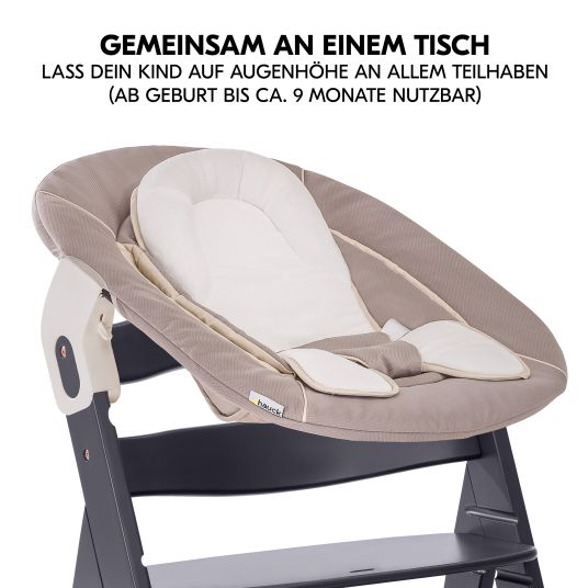 Hauck Alpha Plus Select Dark Grey 4-piece Newborn Set Deluxe - Highchair + 2in1 Baby Attachment & Rocker + Seat Cushion - Stretch Beige