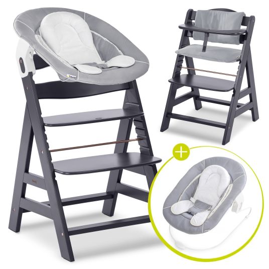 Hauck Alpha Plus Select Dark Grey 4-piece Newborn Set - Highchair + 2in1 Baby Attachment & Rocker + Seat Cushion - Stretch Grey