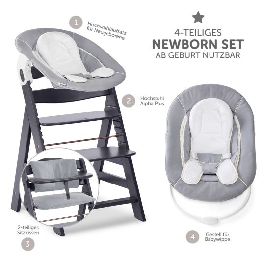 Hauck Alpha Plus Select Dark Grey 4-piece Newborn Set - Highchair + 2in1 Baby Attachment & Rocker + Seat Cushion - Stretch Grey