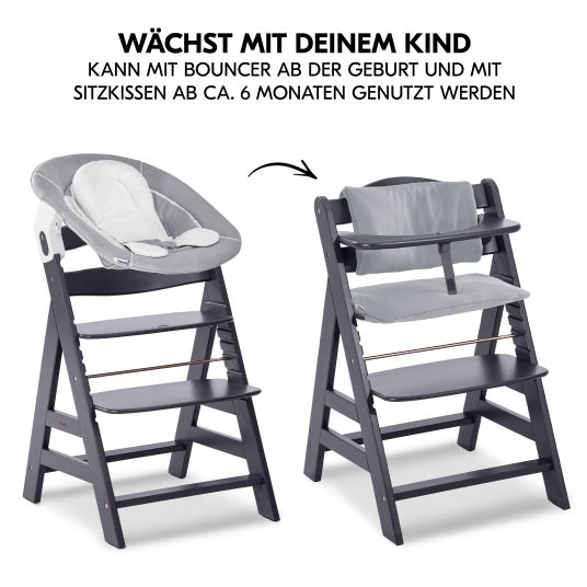 Hauck Alpha Plus Select Dark Grey 4-piece Newborn Set - Highchair + 2in1 Baby Attachment & Rocker + Seat Cushion - Stretch Grey