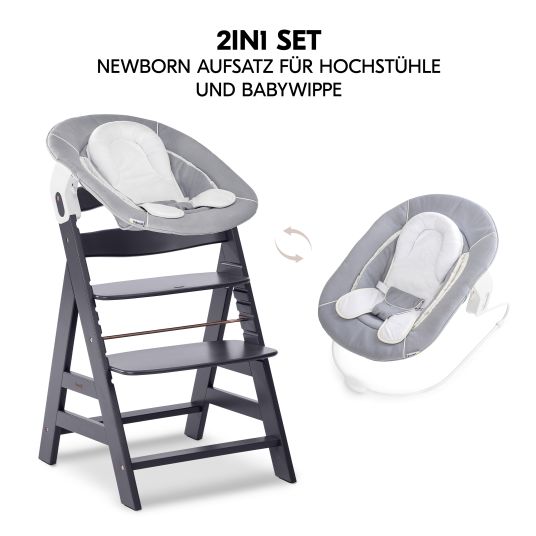 Hauck Alpha Plus Select Dark Grey 4-piece Newborn Set - Highchair + 2in1 Baby Attachment & Rocker + Seat Cushion - Stretch Grey