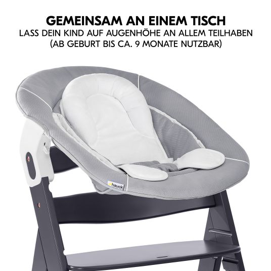 Hauck Alpha Plus Select Dark Grey 4-piece Newborn Set - Highchair + 2in1 Baby Attachment & Rocker + Seat Cushion - Stretch Grey