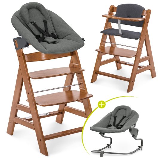 Hauck Alpha Plus Walnut 4-tlg. Newborn Set Dark Grey - Hochstuhl + Neugeboreneneinsatz & Wippe Premium + Sitzkissen