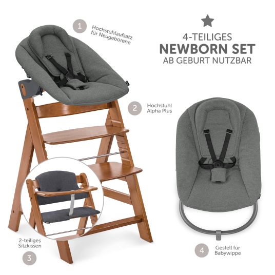 Hauck Alpha Plus Walnut 4-tlg. Newborn Set Dark Grey - Hochstuhl + Neugeboreneneinsatz & Wippe Premium + Sitzkissen