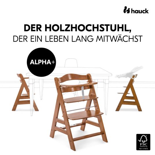 Hauck Alpha Plus Walnut 4-tlg. Newborn Set Dark Grey - Hochstuhl + Neugeboreneneinsatz & Wippe Premium + Sitzkissen