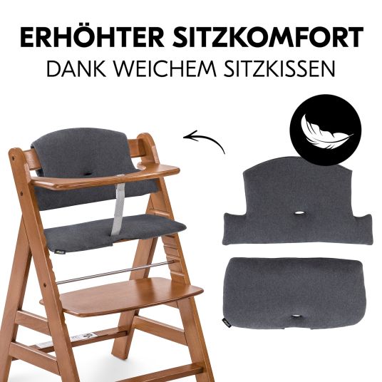 Hauck Alpha Plus Walnut 4-tlg. Newborn Set Dark Grey - Hochstuhl + Neugeboreneneinsatz & Wippe Premium + Sitzkissen