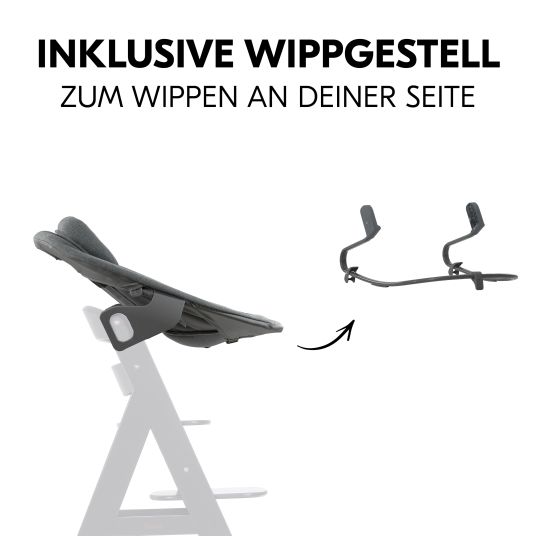 Hauck Alpha Plus Walnut 4-tlg. Newborn Set Dark Grey - Hochstuhl + Neugeboreneneinsatz & Wippe Premium + Sitzkissen