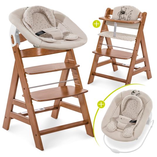 Hauck Alpha Plus Walnut 4-piece Newborn Set - Disney Pooh - highchair + newborn insert & bouncer + seat cushion