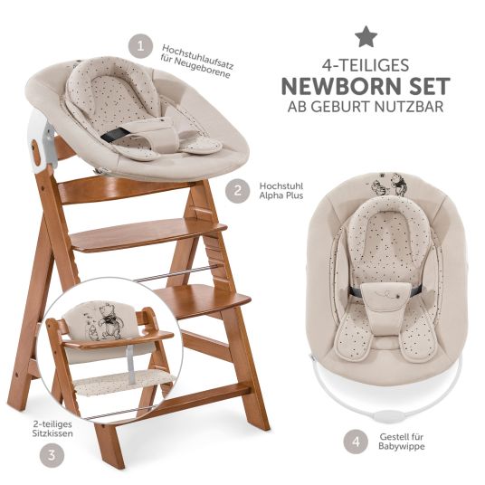 Hauck Alpha Plus Walnut 4-tlg. Newborn Set - Disney Pooh - Hochstuhl + Neugeboreneneinsatz & Wippe + Sitzpolster