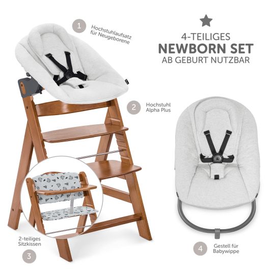 Hauck Alpha Plus Walnut Set neonato 4 pezzi Grigio chiaro - Seggiolone + inserto neonato e dondolo Premium + cuscino di seduta Grigio Nordico