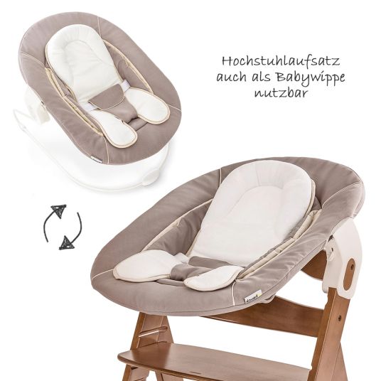 Hauck Alpha Plus Walnut Newborn Set - 3-tlg. Hochstuhl + Neugeboreneneinsatz & Wippe Stretch Beige