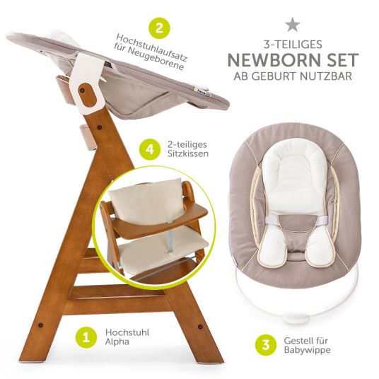 Hauck Alpha Plus Walnut Newborn Set - 4-tlg. Hochstuhl + Neugeboreneneinsatz & Wippe Stretch Beige + Sitzpolster
