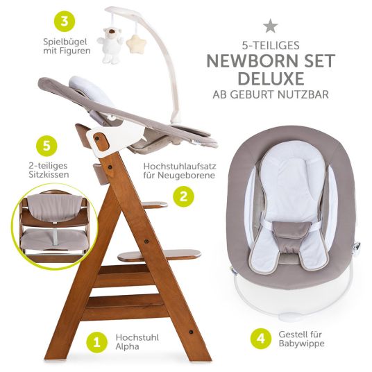 Hauck Alpha Plus Walnut Newborn Set Deluxe - 4-tlg. Hochstuhl + Neugeborenenaufsatz (Rückenlehne verstellbar) + Sitzkissen