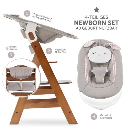 Hauck Alpha Plus Walnut Newborn Set Powder Bunny - Seggiolone 4 pezzi + Attacco per neonato + Cuscino di seduta Beige