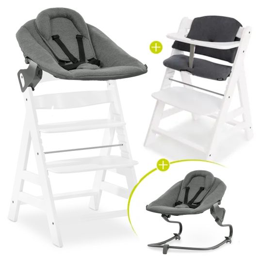 Hauck Alpha Plus White 4-piece newborn set - highchair + 2in1 newborn attachment & bouncer + highchair pad - Jersey Charcoal