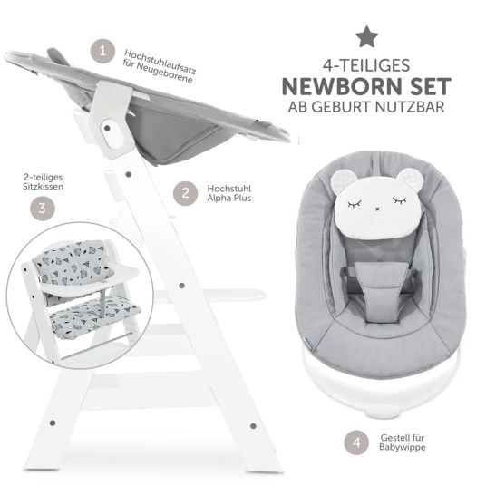 Hauck Alpha Plus White 4-piece Newborn Set Pastel Bear - seggiolone + attacco per neonato + cuscino di seduta Nordic Grey