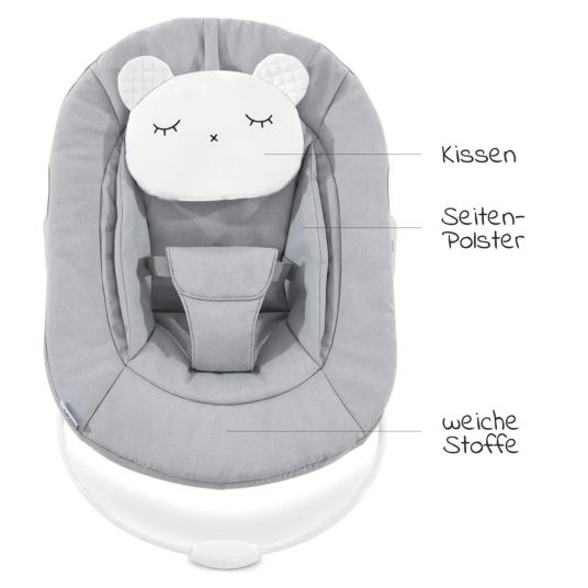 Hauck Alpha Plus White 4-piece Newborn Set Pastel Bear - high chair + newborn attachment + Nordic Grey seat cushion