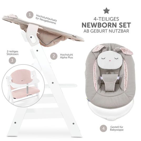 Hauck Alpha Plus White 4-piece Newborn Set Powder Bunny - highchair + newborn attachment & bouncer + seat cushion Muslin Mineral Rose