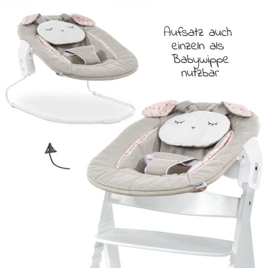 Hauck Alpha Plus White 4-tlg. Newborn Set Powder Bunny - Hochstuhl + Neugeborenenaufsatz & Wippe + Sitzkissen Muslin Mineral Rose