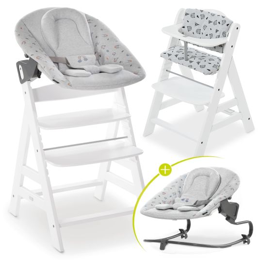 Hauck Alpha Plus White 4-piece Newborn Set Rainbow - high chair + newborn attachment & rocker + Nordic Grey seat cushion