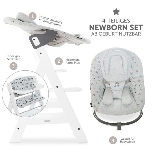 Hauck Alpha Plus White 4-piece Newborn Set Rainbow - high chair + newborn attachment & rocker + Nordic Grey seat cushion