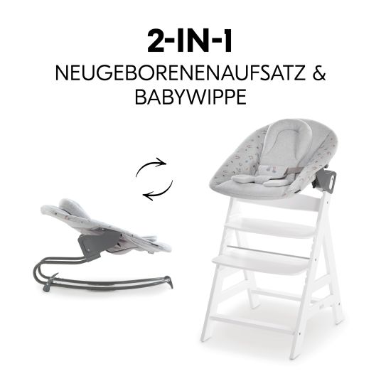 Hauck Alpha Plus White 4-piece Newborn Set Rainbow - high chair + newborn attachment & rocker + Nordic Grey seat cushion