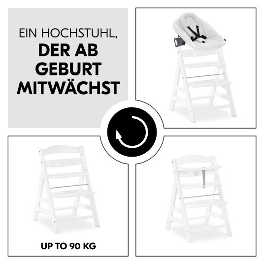 Hauck Alpha Plus White 4-tlg. Newbornset Light Grey - Hochstuhl + Neugeborenenaufsatz & Wippe + Sitzkissen Nordic Grey