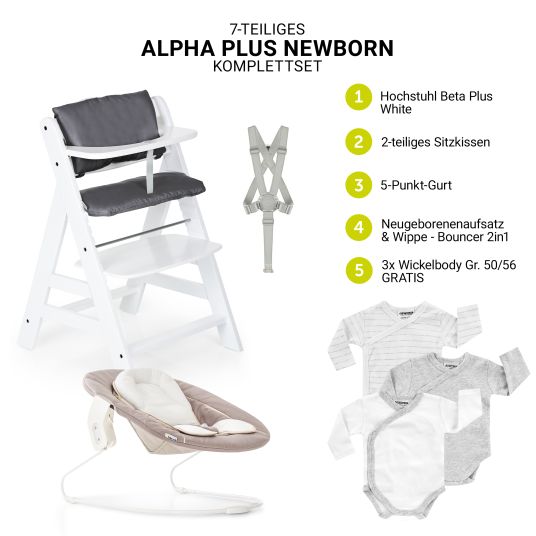 Hauck Alpha Plus White 7-tlg. Newborn Set - Hochstuhl + 2in1 Neugeborenen-Aufsatz & Wippe + Sitzpolster + GRATIS Wickelbody 3er Pack - Stretch Beige