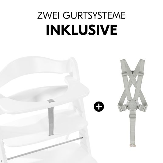 Hauck Alpha Plus White 7-tlg. Newborn Set - Hochstuhl + 2in1 Neugeborenen-Aufsatz & Wippe + Sitzpolster + GRATIS Wickelbody 3er Pack - Stretch Beige