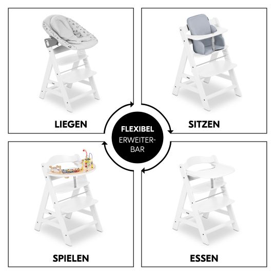 Hauck Alpha Plus White 7-piece newborn set - high chair + 2in1 newborn attachment & bouncer + seat cushion + FREE changing bodysuit 3-pack - Stretch Beige