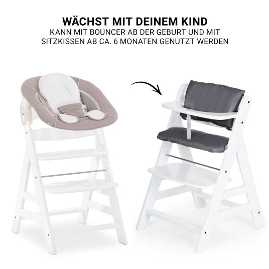 Hauck Alpha Plus White 7-piece newborn set - high chair + 2in1 newborn attachment & bouncer + seat cushion + FREE changing bodysuit 3-pack - Stretch Beige