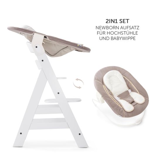 Hauck Alpha Plus White 7-tlg. Newborn Set - Hochstuhl + 2in1 Neugeborenen-Aufsatz & Wippe + Sitzpolster + GRATIS Wickelbody 3er Pack - Stretch Beige