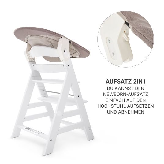 Hauck Alpha Plus White 7-piece newborn set - high chair + 2in1 newborn attachment & bouncer + seat cushion + FREE changing bodysuit 3-pack - Stretch Beige