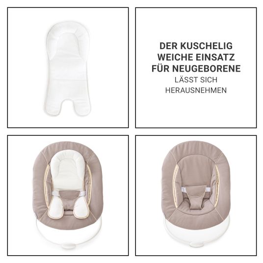 Hauck Alpha Plus White 7-tlg. Newborn Set - Hochstuhl + 2in1 Neugeborenen-Aufsatz & Wippe + Sitzpolster + GRATIS Wickelbody 3er Pack - Stretch Beige