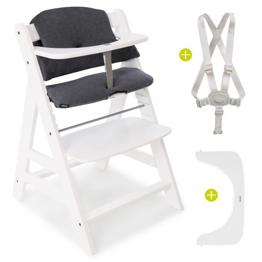 Hauck Alpha Plus White Newborn Set - 4-tlg. Hochstuhl + Aufsatz & Wippe Premium Jersey Charcoal + Sitzpolster