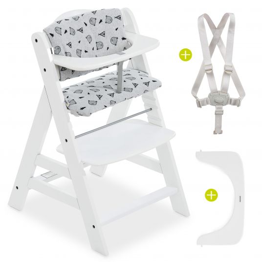 Hauck Alpha Plus White Newborn Set - 4-tlg. Hochstuhl + Aufsatz & Wippe Premium Nordic Grey + Sitzpolster