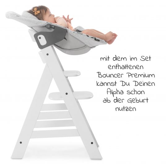 Hauck Alpha Plus White Newborn Set - 4-tlg. Hochstuhl + Aufsatz & Wippe Premium Nordic Grey + Sitzpolster