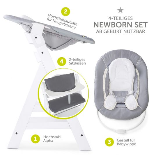 Hauck Alpha Plus White Newborn Set - 4-tlg. Hochstuhl + Neugeboreneneinsatz & Wippe Stretch Grey + Sitzpolster