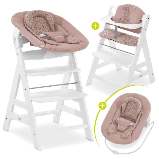 Hauck Alpha Plus White Newborn Set Bambi Rose - 4-tlg. Hochstuhl + Neugeborenenaufsatz + Sitzkissen
