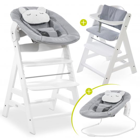 Hauck Alpha Plus White Newborn Set Pastell Bear - 4-tlg. Hochstuhl + Neugeborenenaufsatz + Sitzkissen Grey