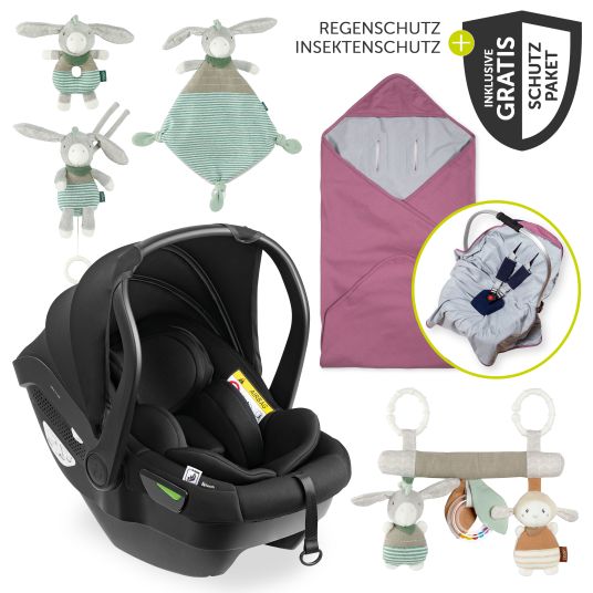 Hauck Babyschale Drive N Care i-Size ab Geburt bis 13 kg (40 - 87 cm) + GRATIS Schutzpaket, Einschlagdecke & Fehn Spielzeug-Set - Orchidee