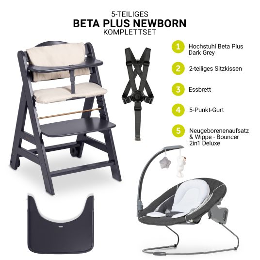 Hauck Beta Plus Dark Grey 5-piece Newborn Set - highchair + 2in1 newborn attachment & bouncer deluxe, feeding board, seat cushion - Melange Grey