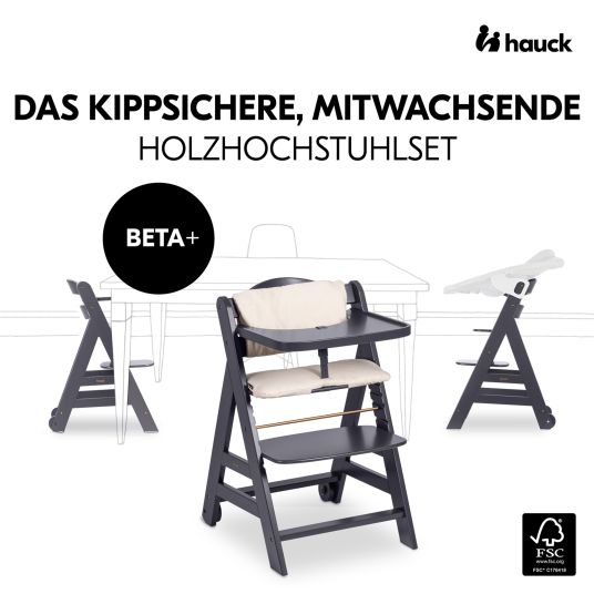 Hauck Beta Plus Dark Grey 5-tlg. Newborn Set - Hochstuhl + 2in1 Neugeborenen-Aufsatz & Wippe Deluxe, Essbrett, Sitzkissen - Melange Grey