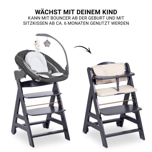 Hauck Beta Plus Dark Grey 5-tlg. Newborn Set - Hochstuhl + 2in1 Neugeborenen-Aufsatz & Wippe Deluxe, Essbrett, Sitzkissen - Melange Grey