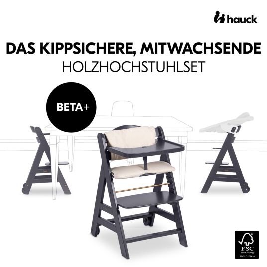 Hauck Beta Plus Dark Grey 5-tlg. Newborn Set - Hochstuhl + 2in1 Neugeborenen-Aufsatz & Wippe + Essbrett + Sitzkissen