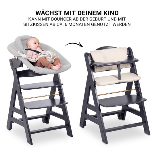 Hauck Beta Plus Dark Grey 5-tlg. Newborn Set - Hochstuhl + 2in1 Neugeborenen-Aufsatz & Wippe + Essbrett + Sitzkissen