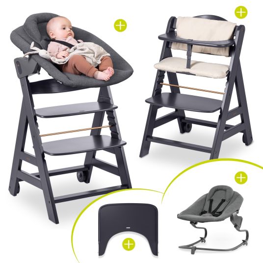 Hauck Beta Plus Dark Grey 5-piece Newborn Set - Highchair + 2in1 newborn attachment & Premium bouncer, feeding board, seat cushion - Dark Grey